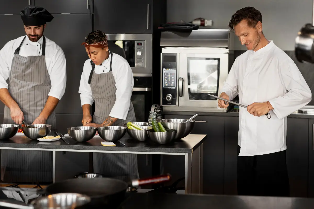 This is a photograph featuring three chefs working in a clean, modern commercial kitchen environment, which strongly aligns with the concept of a "dark kitchen" or "ghost kitchen hub".