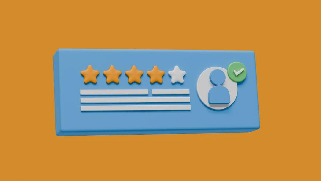 Google My Business illustration depicting four orange stars and one white star, representing a 4-star rating. Below the stars are three horizontal lines suggesting a customer review, alongside a user icon with a green checkmark, emphasizing verified user feedback.