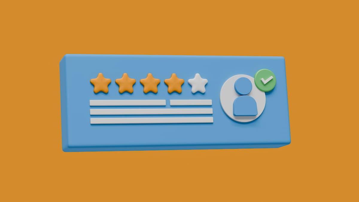Google My Business illustration depicting four orange stars and one white star, representing a 4-star rating. Below the stars are three horizontal lines suggesting a customer review, alongside a user icon with a green checkmark, emphasizing verified user feedback.