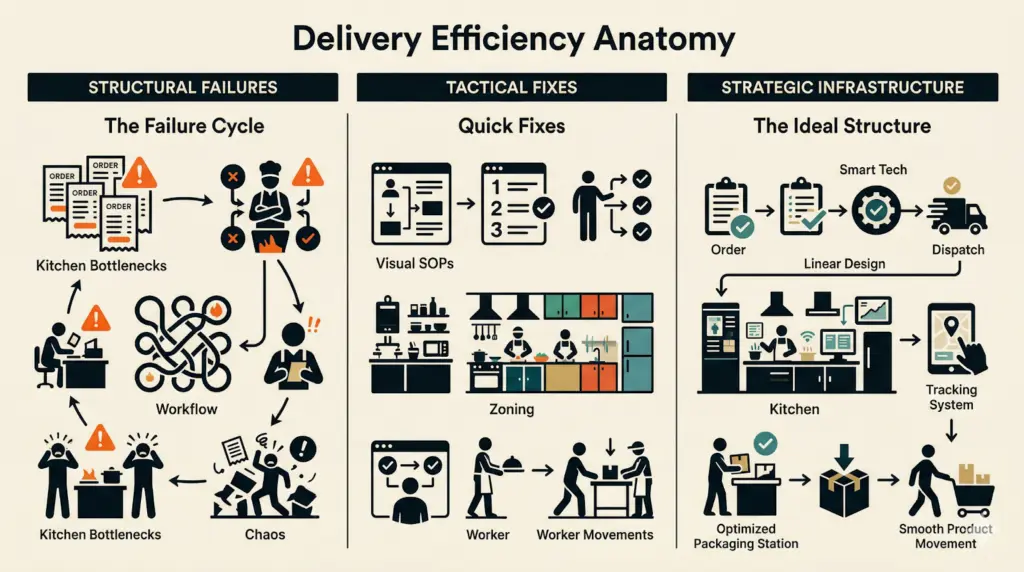 This image is an infographic titled "Delivery Efficiency Anatomy," which illustrates the evolution of a food service operation from chaos to a streamlined, professional system.