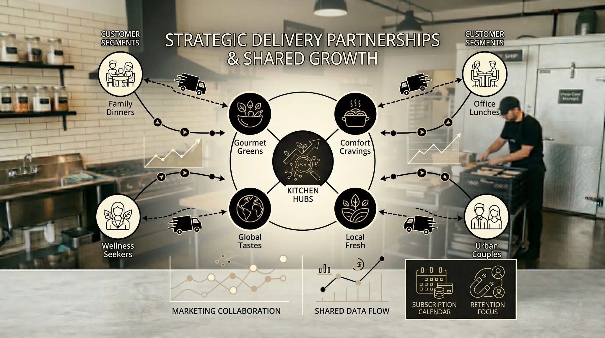 illustration of delivery partnerships connecting multiple food brands to shared customers, representing reduced customer acquisition cost and collaborative growth
