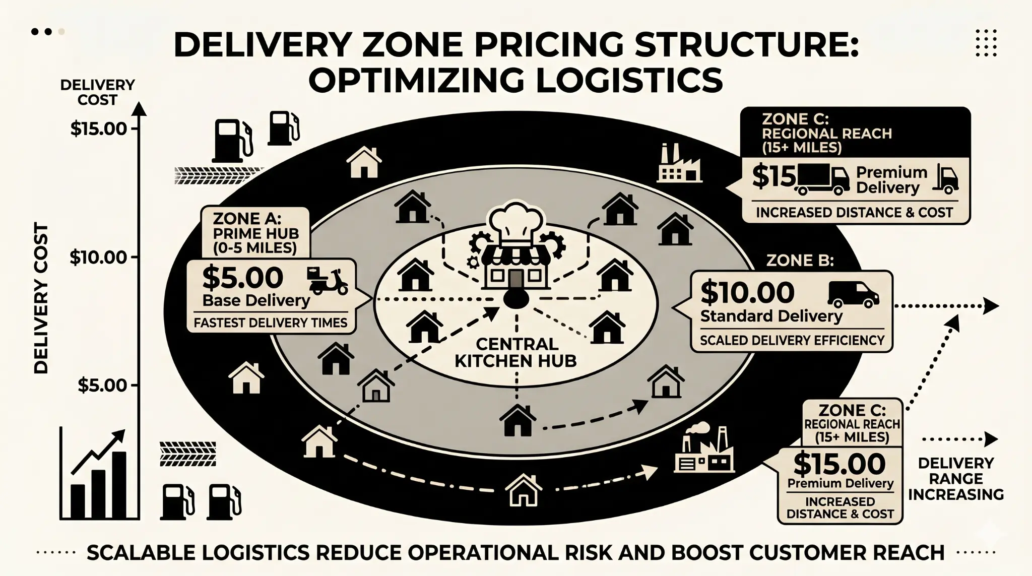 delivery zone pricing illustration with central kitchen and three zones showing increasing distance and cost for efficient delivery planning