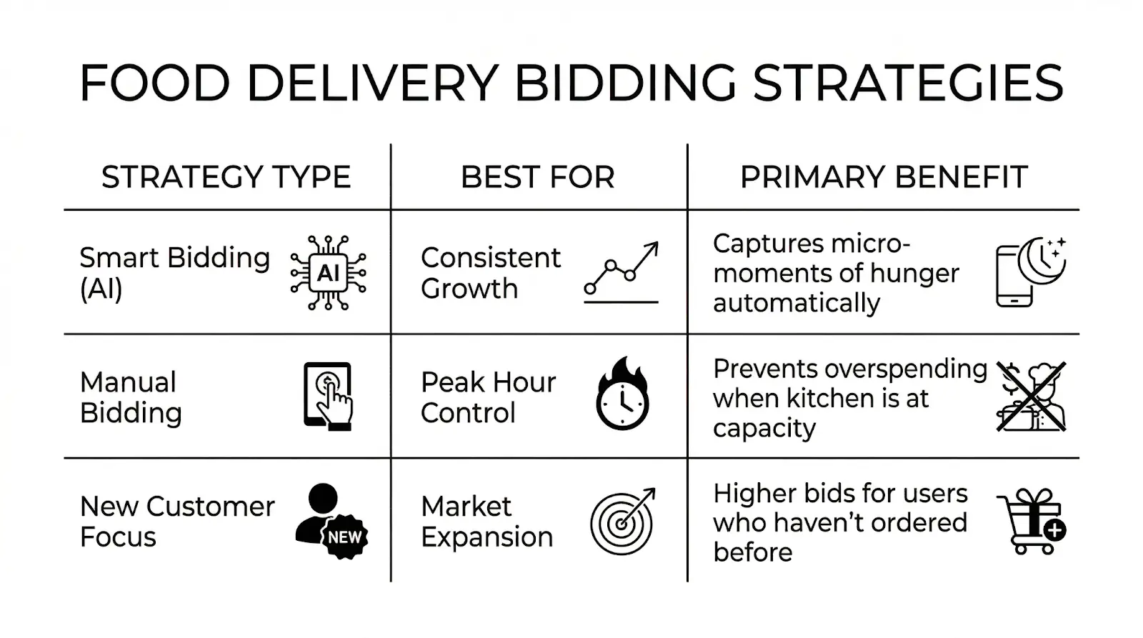 A minimalist black and white infographic titled "FOOD DELIVERY BIDDING STRATEGIES" presented in a clean 16:9 table format. The table is organized into three columns: "STRATEGY TYPE," "BEST FOR," and "PRIMARY BENEFIT," featuring modern vector icons for each row.