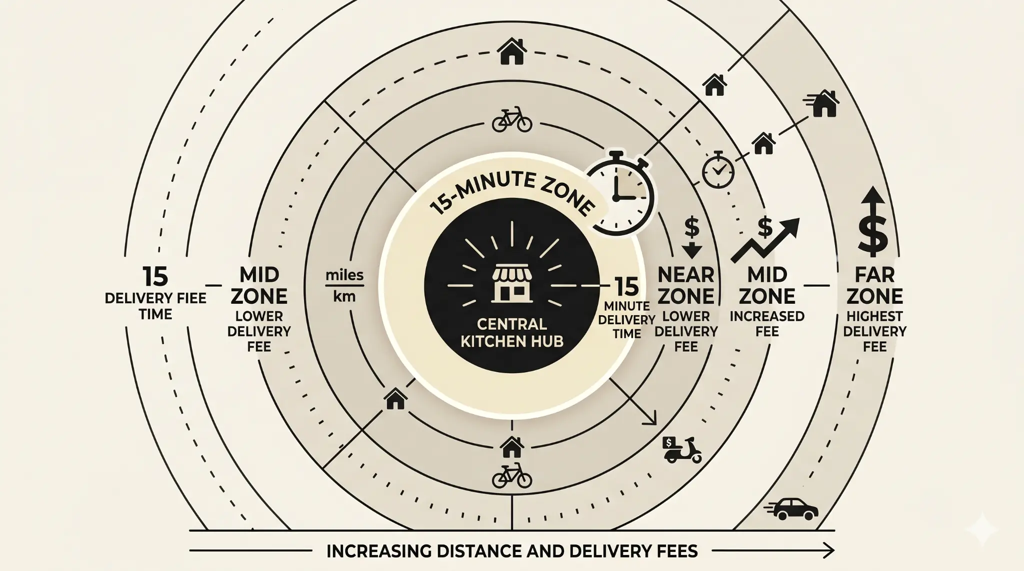 infographic showing 15-minute delivery pricing model with central kitchen and zones indicating lower fees for nearby customers and higher fees for distant areas