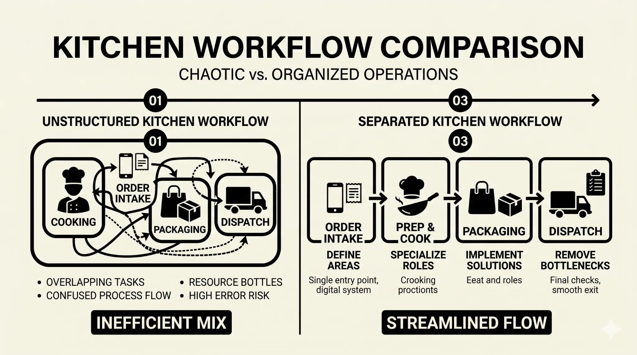 infographic showing separated kitchen workflows with production, assembly, order intake, and delivery dispatch improving efficiency and organization
