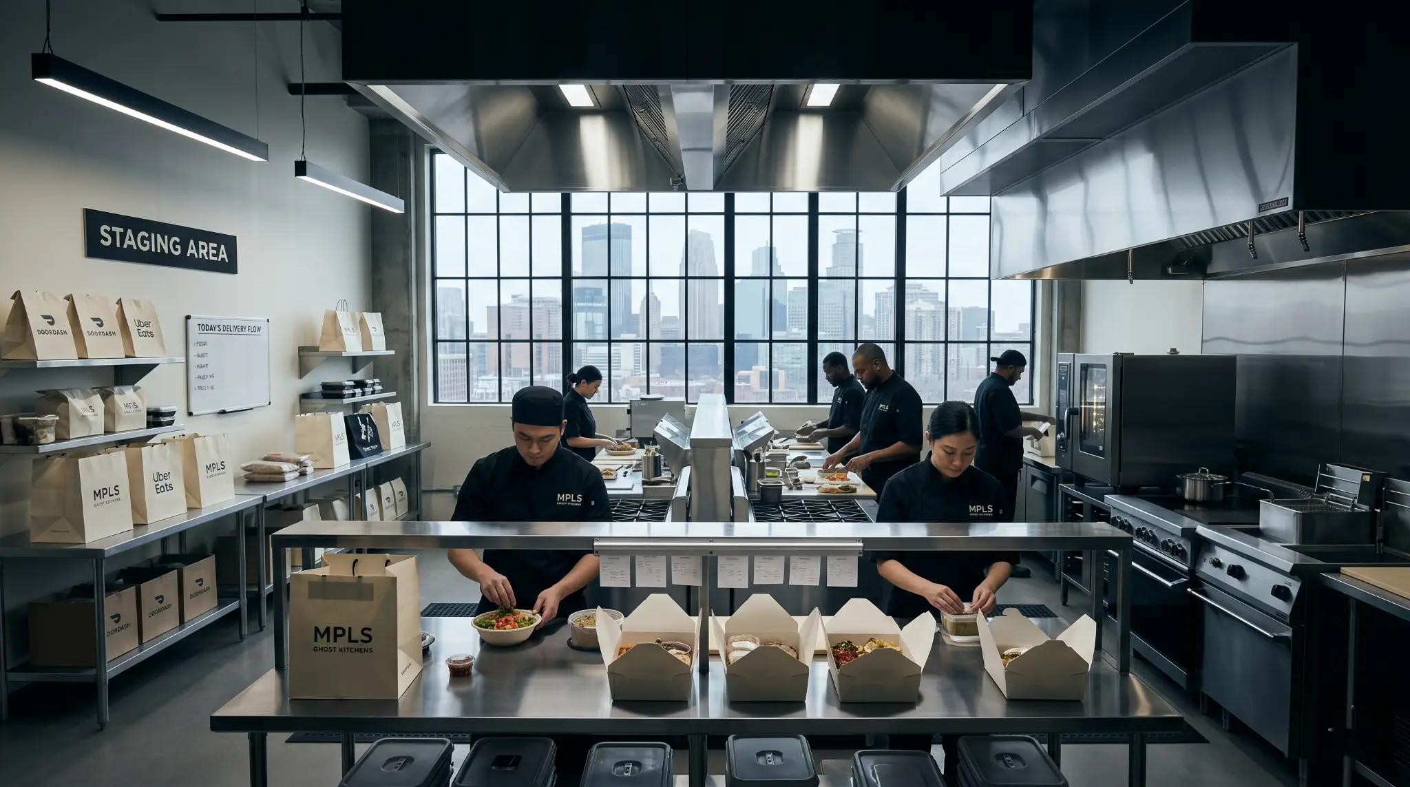 modern ghost kitchen in Minneapolis with chefs preparing delivery meals and organized packaging area in a professional commercial kitchen
