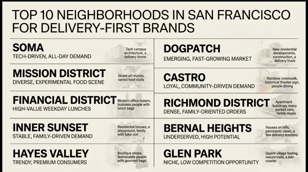 A imagem é um infográfico intitulado "Top 10 Neighborhoods in San Francisco for Delivery-First Brands" (Os 10 melhores bairros em São Francisco para marcas focadas em delivery).