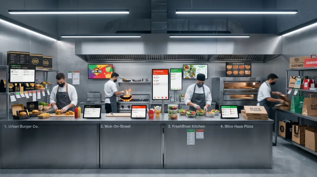Esta imagem ilustra perfeitamente o conceito de uma "Ghost Kitchen" (ou cozinha fantasma), onde diversas marcas operam em um único espaço compartilhado, otimizado exclusivamente para serviços de delivery.