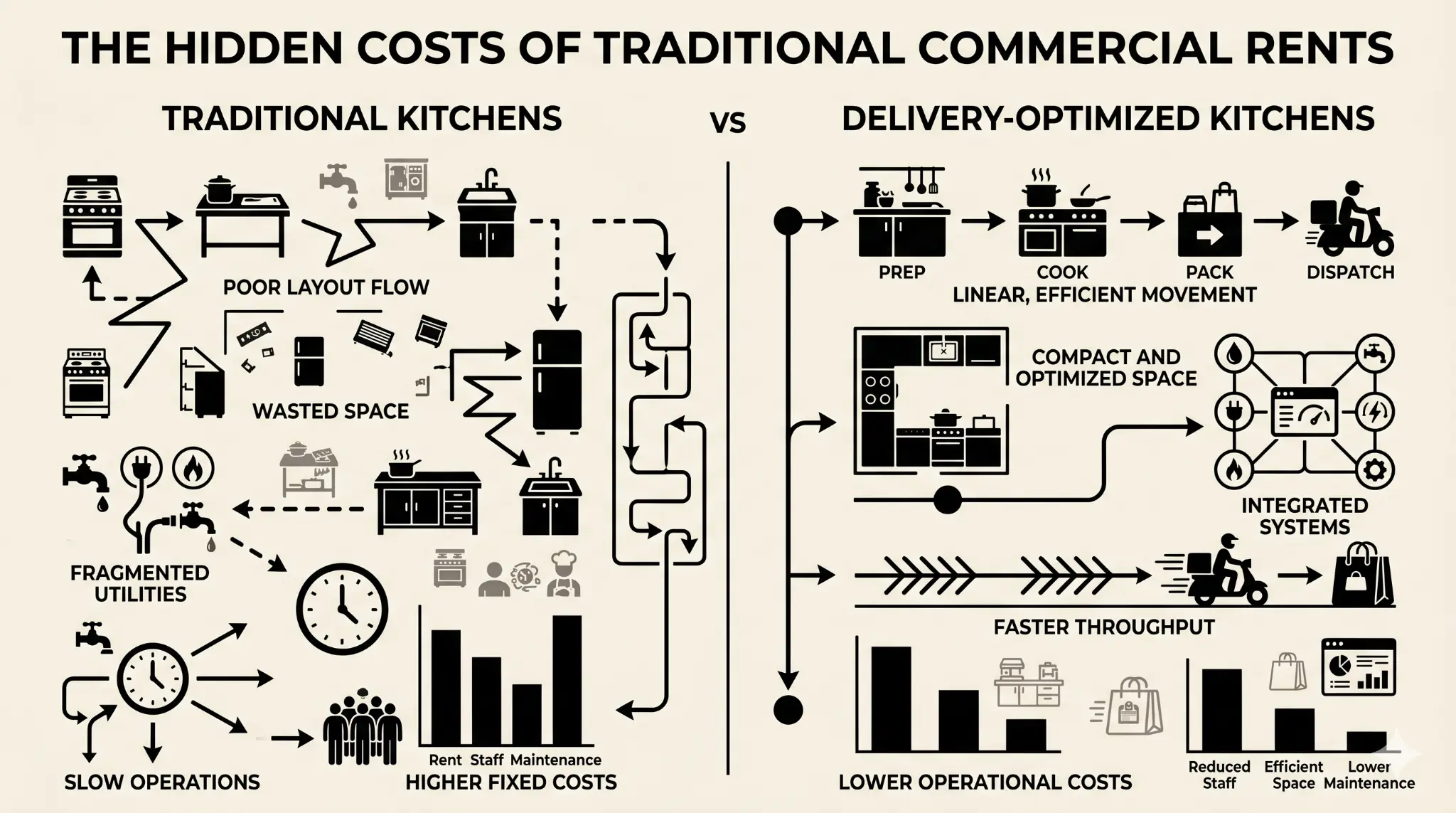 Black and ivory infographic comparing traditional commercial kitchens with delivery-optimized kitchens. The left side shows a cluttered layout with inefficient flow, wasted space, and higher costs, while the right side presents a clean, streamlined operation with optimized movement, integrated systems, and lower operational costs.