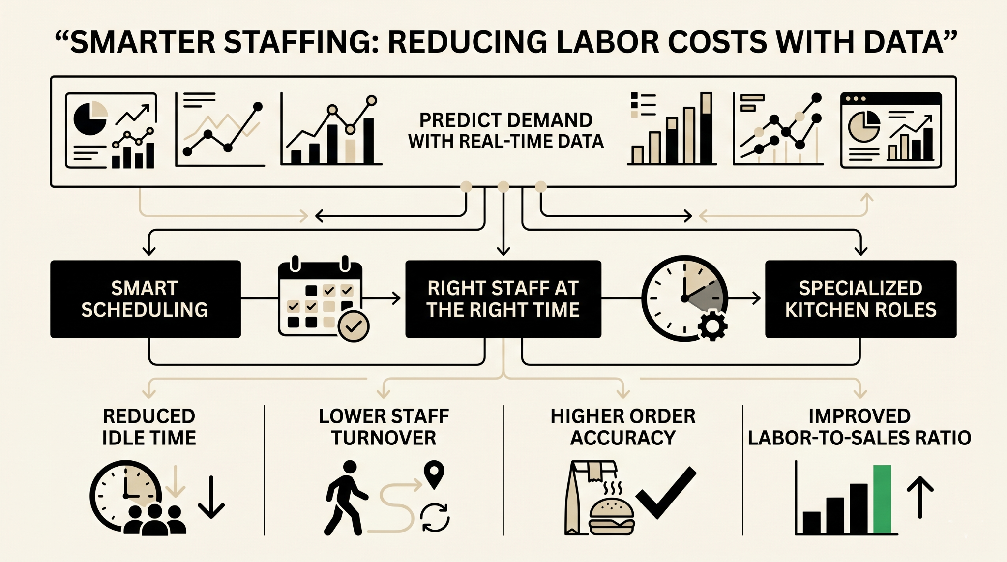 Minimalist infographic illustrating data-driven staffing optimization. Visual elements show demand forecasting, smart scheduling, and organized kitchen teams, leading to outcomes like reduced idle time, lower turnover, higher order accuracy, and improved labor-to-sales ratios.