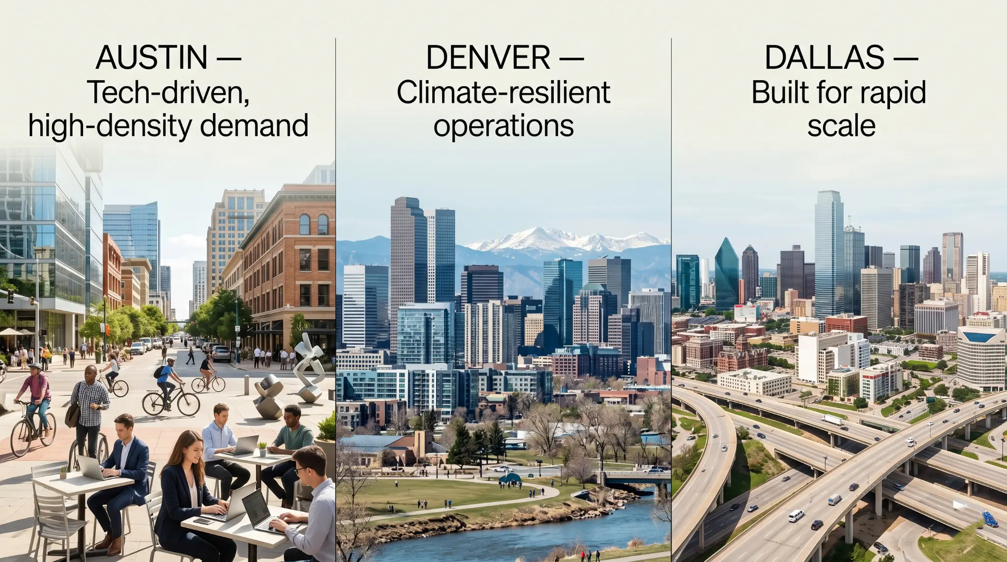 Split-screen image in three vertical sections representing Austin, Denver, and Dallas. Austin shows a vibrant, tech-oriented urban scene, Denver features a cityscape with mountains in the background, and Dallas highlights a large modern skyline with highways. Each section includes a short label indicating its strategic advantage for delivery operations.