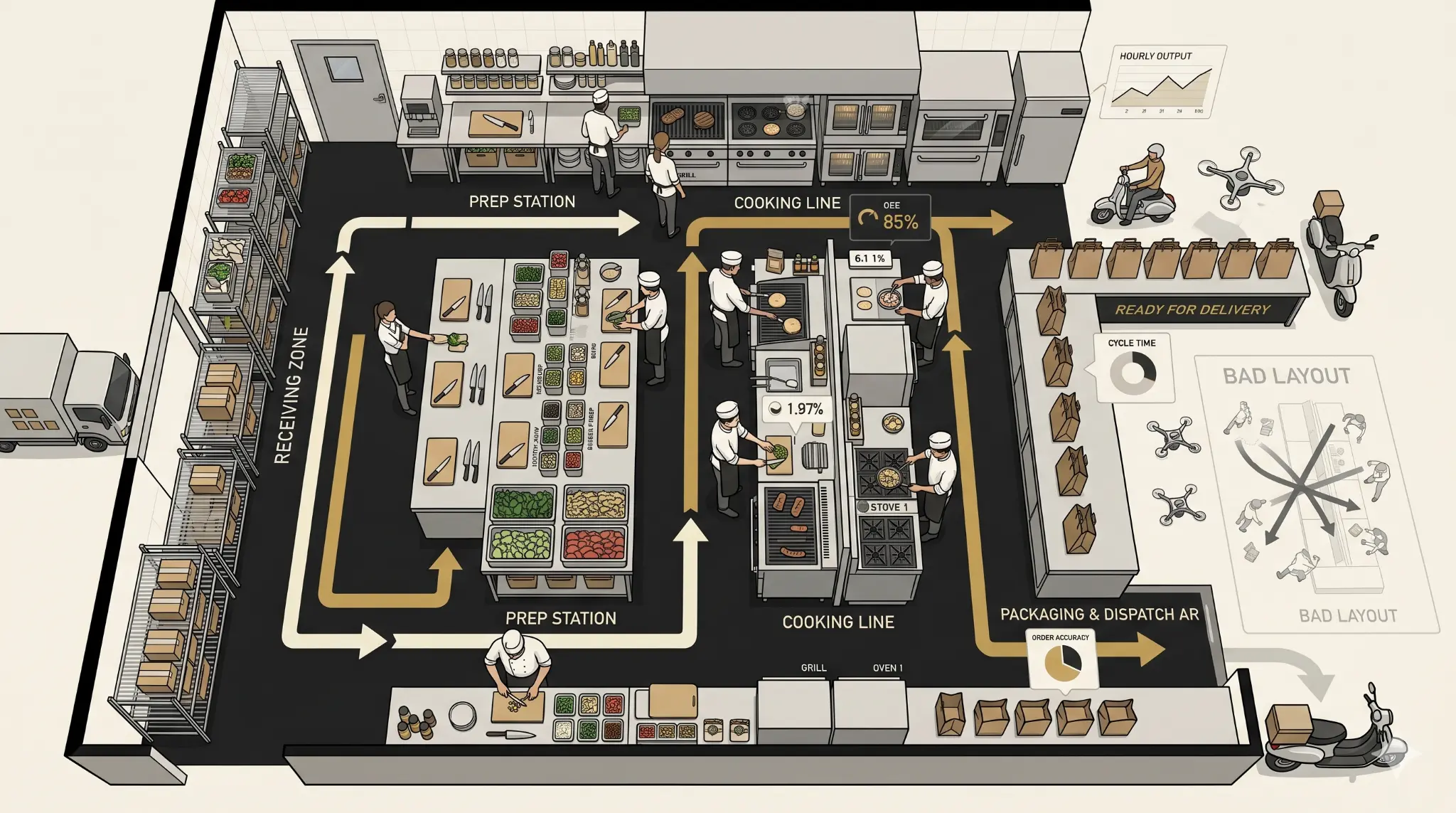 Top-down view of a modern commercial kitchen designed for maximum efficiency. The layout is clearly divided into zones for receiving, prep, cooking, and packaging, connected by a smooth, linear workflow with directional arrows. Staff work in organized stations with equipment and ingredients placed within easy reach, minimizing movement and avoiding cross-traffic. Subtle data icons and KPI indicators highlight performance metrics like throughput and cycle time, emphasizing a streamlined, high-efficiency operation.