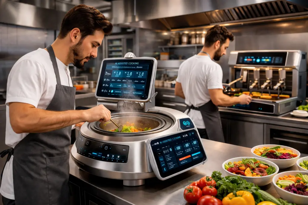 The image shows a modern, high-tech commercial kitchen where two chefs are working with advanced, AI-powered cooking equipment.