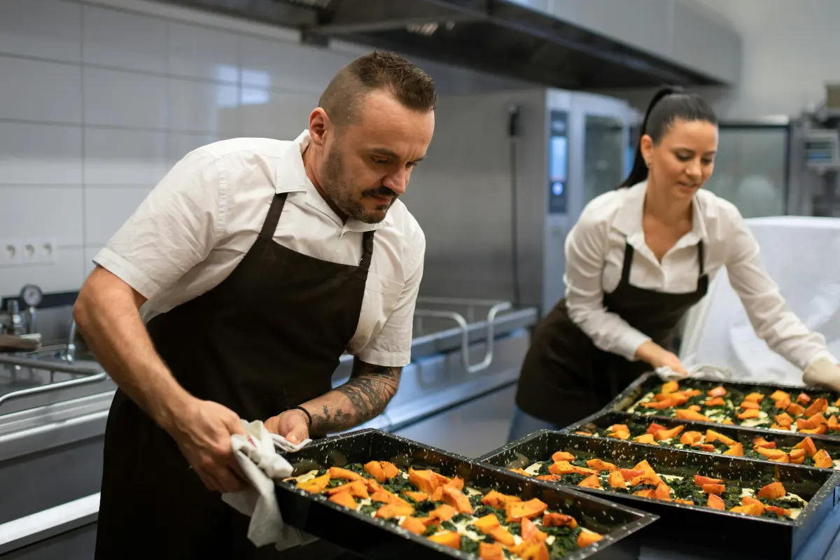 This is a photograph of a man and a woman, who appear to be chefs or cooks, working in a commercial kitchen.