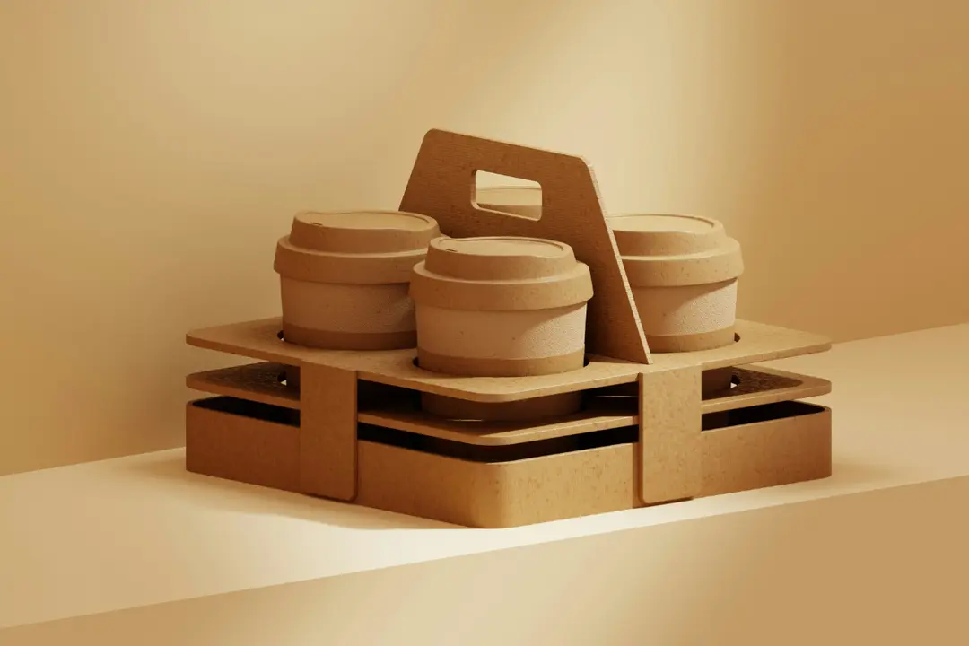 The image is a clean, minimalist 3D rendering that focuses on a carrier for disposable beverage cups, likely for coffee or tea.