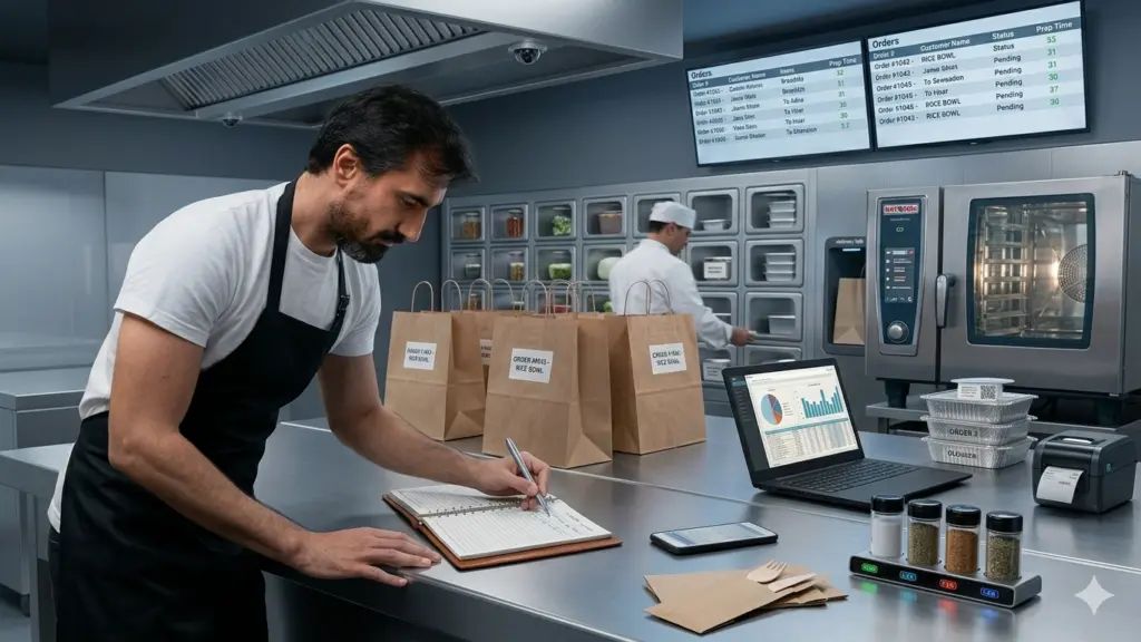 This image presents a realistic, high-tech, and organized delivery-focused commercial kitchen. It successfully blends traditional culinary practices with modern digital management.