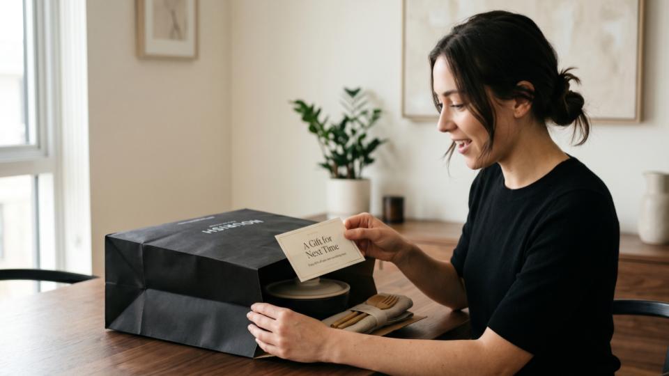 Customer opening a food delivery package and finding a promotional coupon inside, in a minimal setting with black and ivory tones