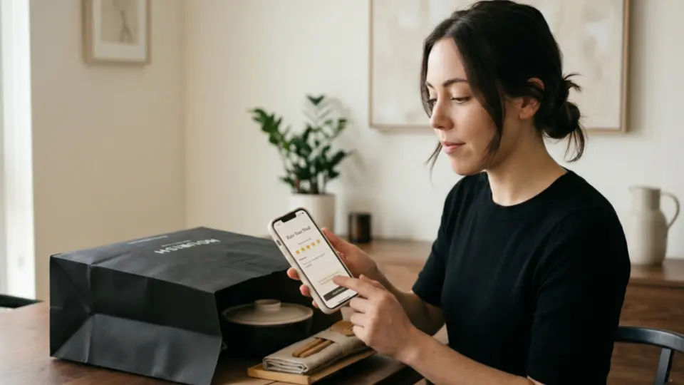 Customer rating a food delivery order on a smartphone, with an opened package in the background, in a clean black and ivory environment.