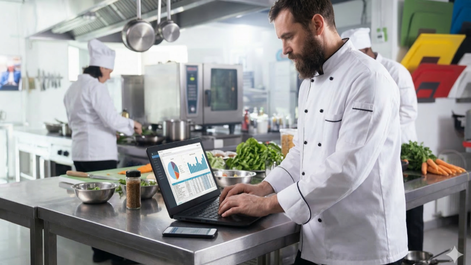 : A professional chef with a beard, wearing a clean white double-breasted jacket, is standing at a stainless steel prep station. He is focused on a laptop, with both hands on the keyboard.