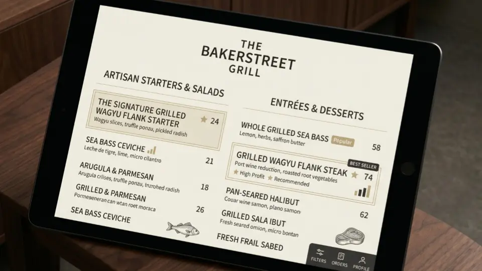 Modern digital food menu displayed on a tablet, with organized sections, highlighted best sellers, and a clean black and ivory interface