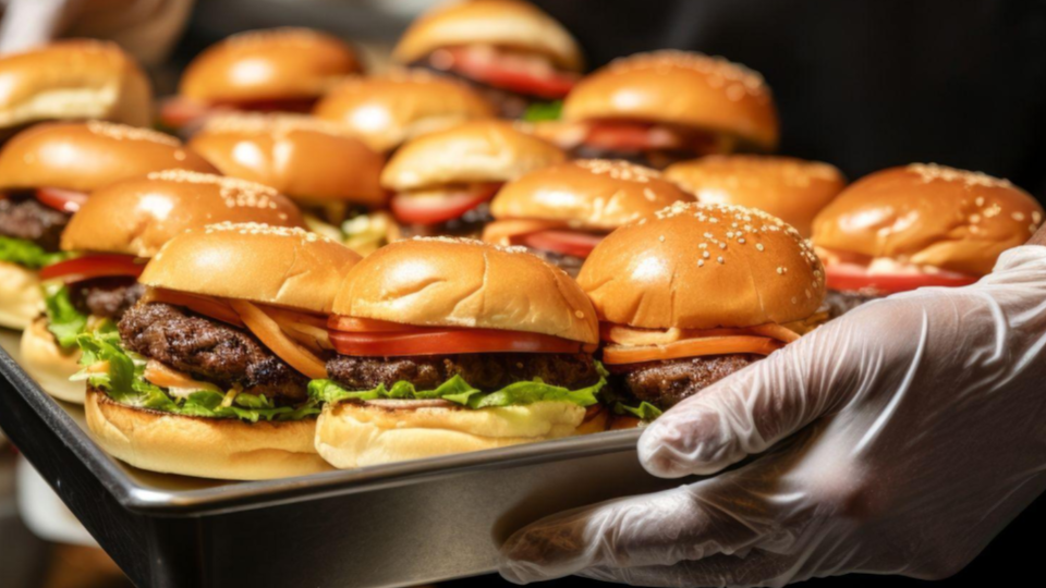 This image showcases a high-volume food service moment, featuring a large quantity of freshly prepared burgers.