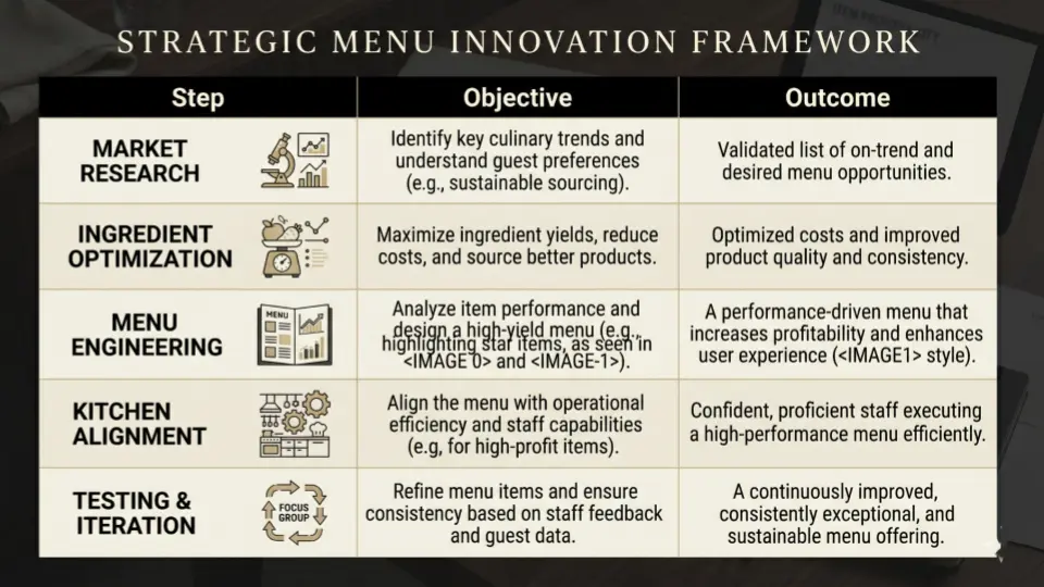 Structured infographic table showing steps, objectives, and outcomes for menu design, with a clean layout in black and ivory tones.