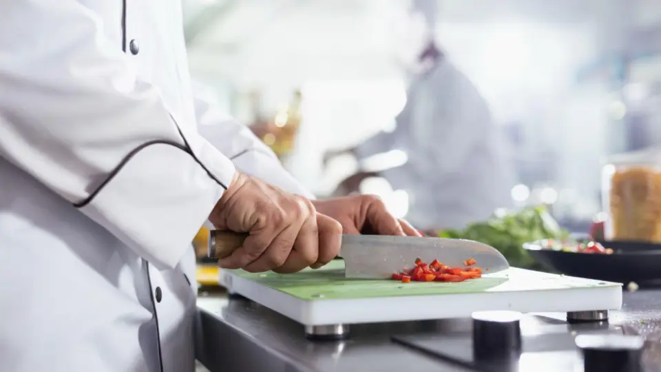 This image captures a chef's hands mid-motion, demonstrating precision and technique in a professional kitchen environment.