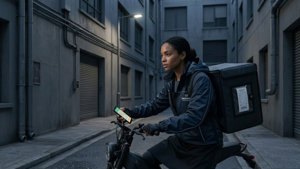 A focused female delivery courier with a determined expression. She is riding a modern, matte-black electric motorcycle or high-end e-bike.