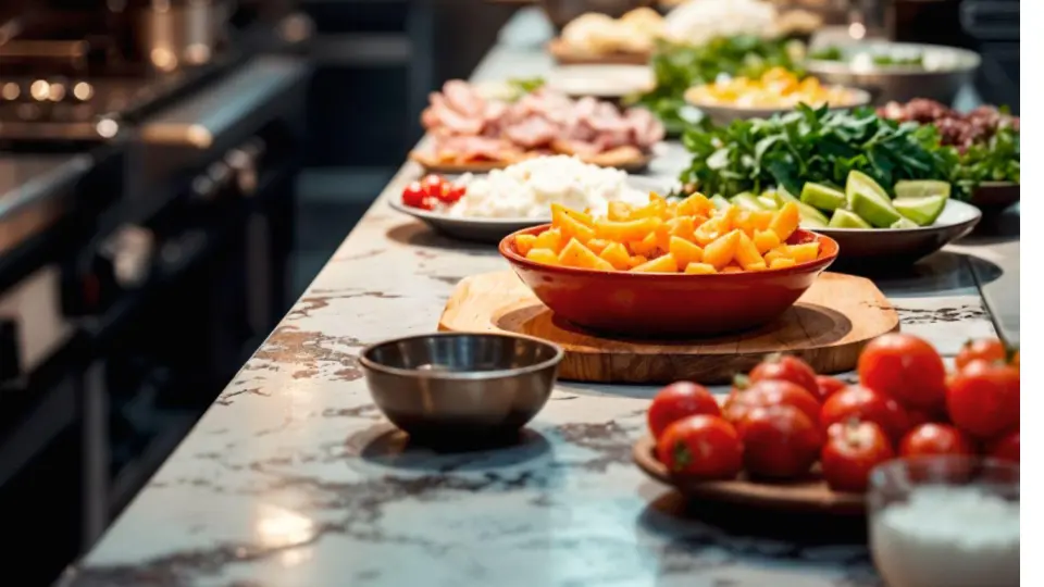 This close-up shot focuses on the variety of fresh produce ready for use.