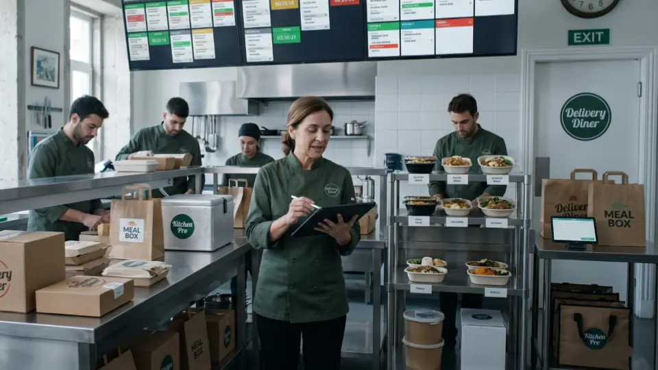 Busy professional kitchen with chefs preparing multiple delivery orders using digital screens, illustrating an efficient, technology-driven restaurant pivot to a delivery-first model.