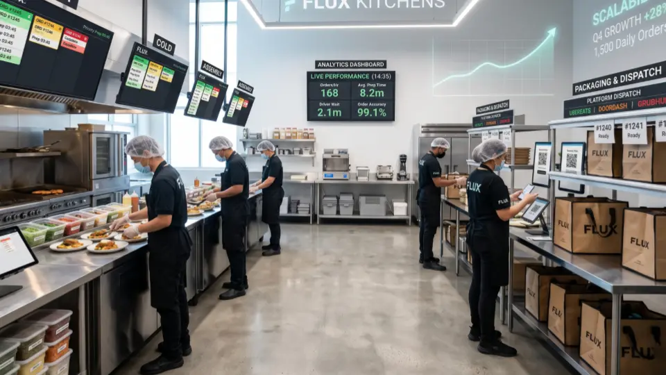 Optimized delivery-first kitchen with streamlined operations, data-driven systems, and scalable infrastructure for consistent performance and growth