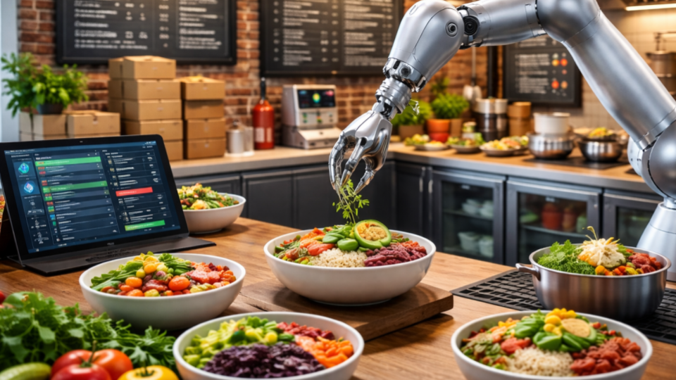 A sleek robotic arm with a metallic, silver finish is carefully placing or adjusting a small item into a white bowl on a kitchen counter.