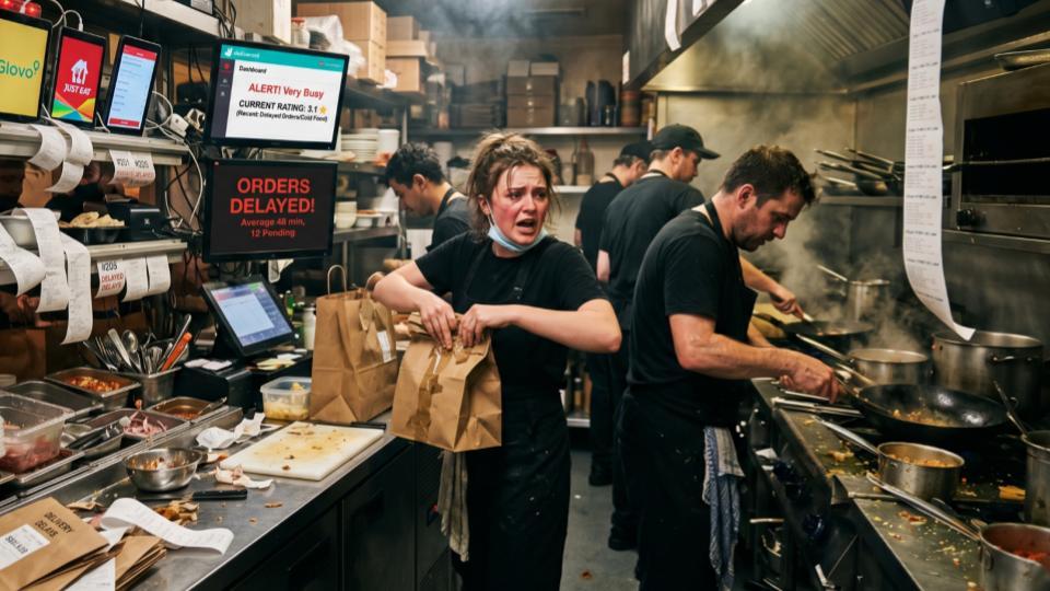 Delivery restaurant kitchen under pressure showing operational inefficiencies, high order volume, and challenges with timing, costs, and coordination