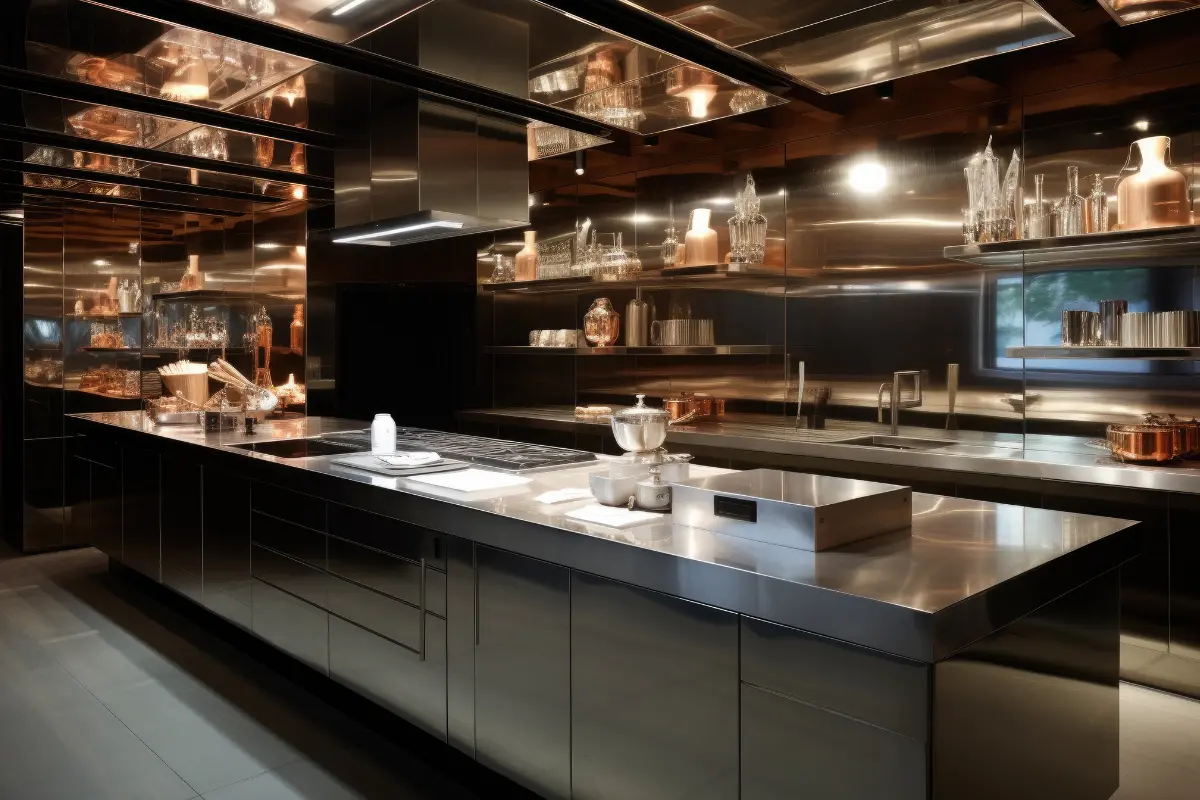 The image displays an extremely high-end, highly stylized commercial kitchen, characterized by an abundance of reflective and polished metal surfaces.
