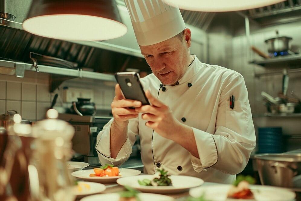 Photograph of a chef looking at a smartphone in front of several dishes.