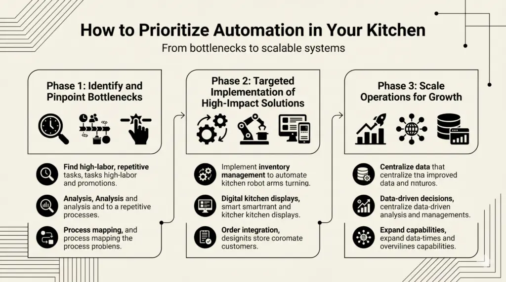Clean infographic in ivory and black explaining how to prioritize kitchen automation in three steps: identify operational bottlenecks, evaluate impact versus complexity with a matrix, and start small to scale systems over time.